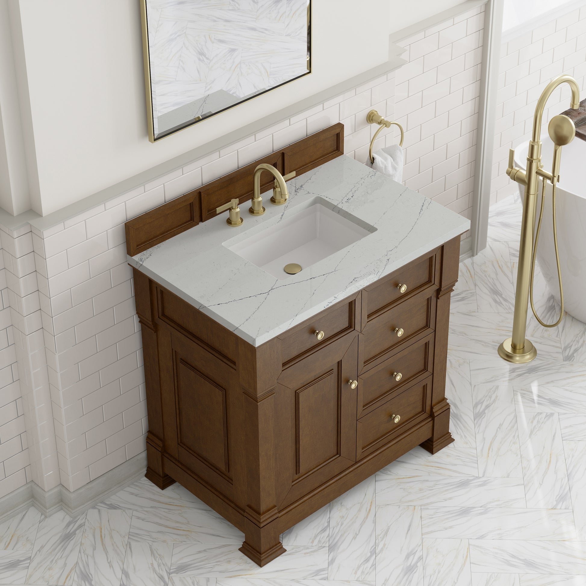 Renovate for Less Atlanta Brookfield 36" Single Vanity, Honey Oak w/ 3 CM Ethereal Noctis Silestone Top