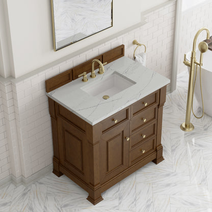Renovate for Less Atlanta Brookfield 36" Single Vanity, Honey Oak w/ 3 CM Ethereal Noctis Silestone Top