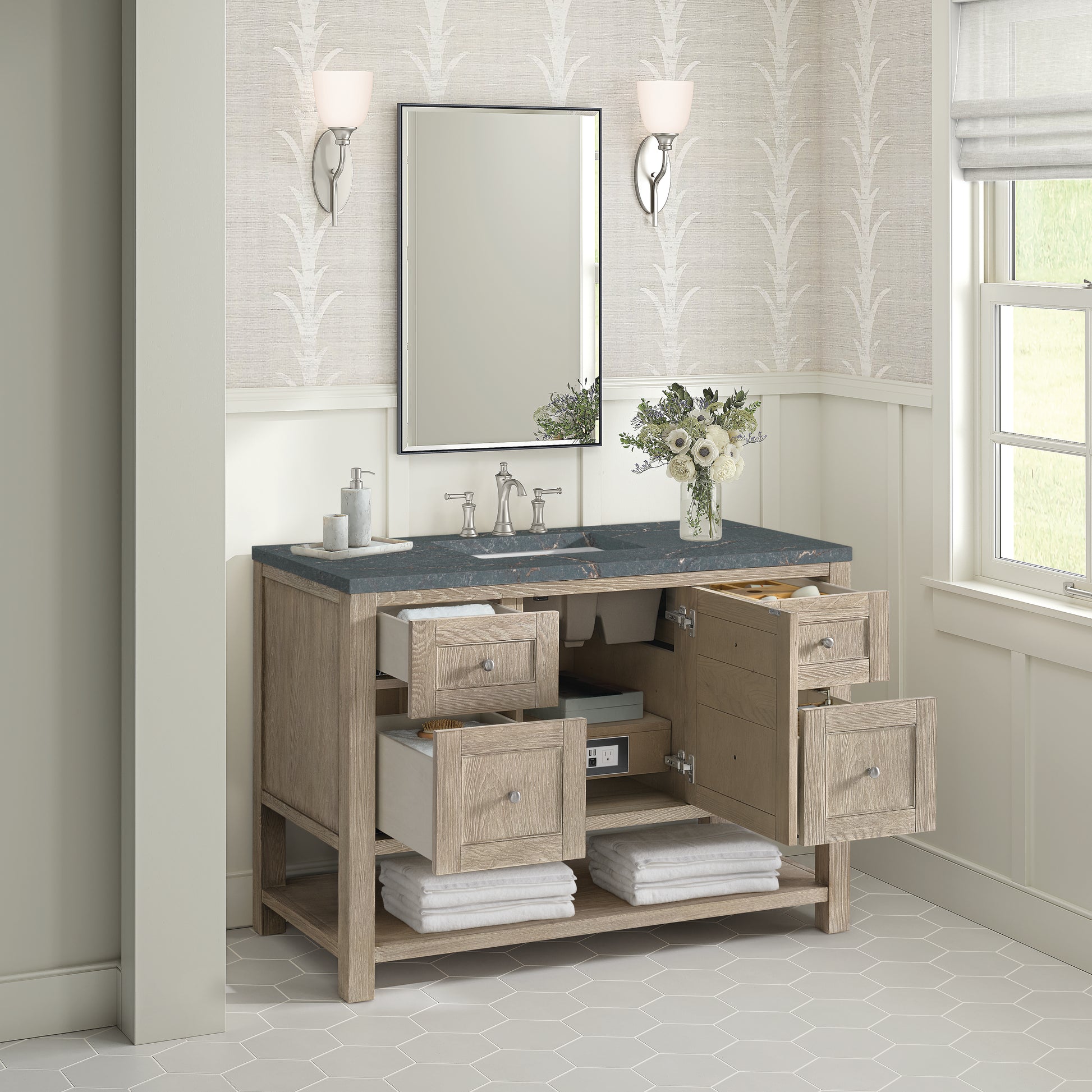 Renovate for Less Atlanta Breckenridge 48" Single Vanity, Whitewashed Oak w/ 3 CM Parisien Bleu Silestone Top