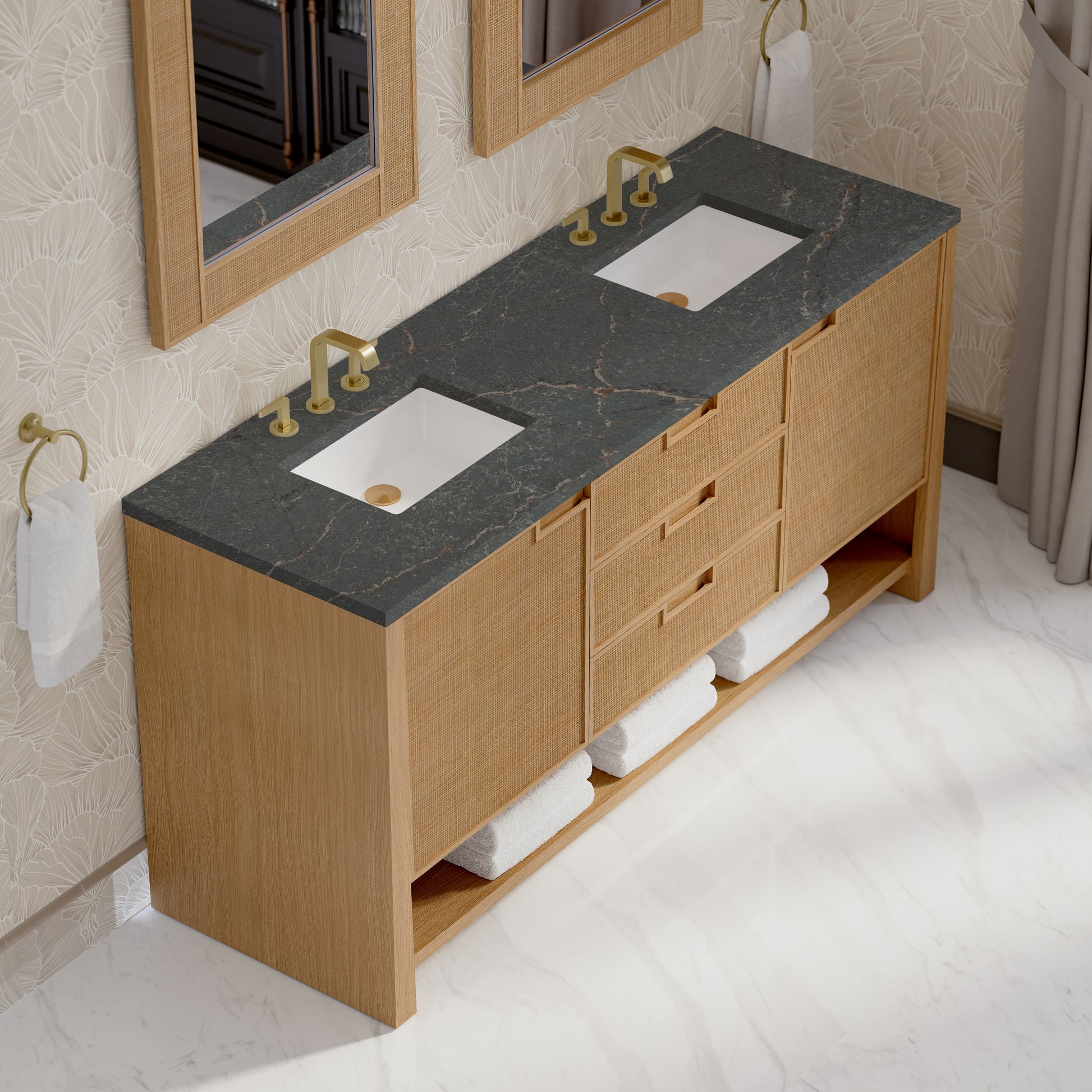 Renovate for Less Atlanta Solene 72" Double Vanity, Seaside Oak, w/ 3 CM Parisien Bleu Quartz Top