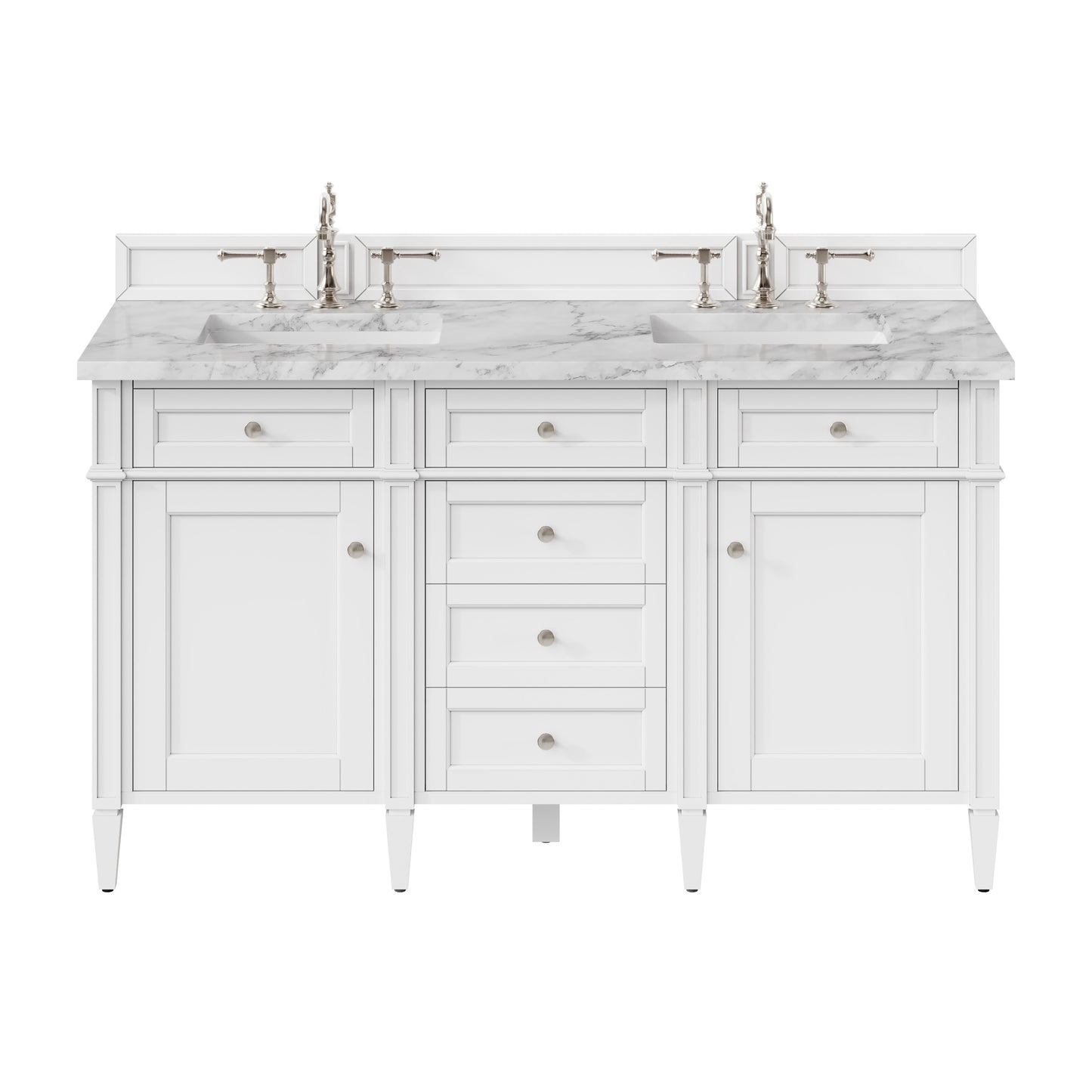 Renovate for Less Atlanta Brittany 60" Double Vanity, Bright White Vanity w/ 3 CM Carrara Marble Top