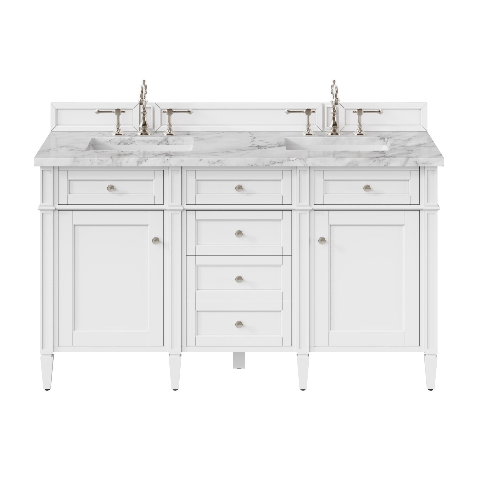 Renovate for Less Atlanta Brittany 60" Double Vanity, Bright White Vanity w/ 3 CM Carrara Marble Top