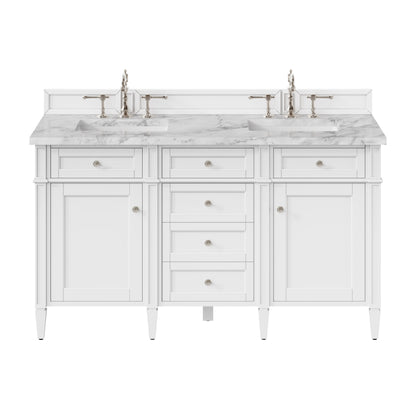 Renovate for Less Atlanta Brittany 60" Double Vanity, Bright White Vanity w/ 3 CM Carrara Marble Top