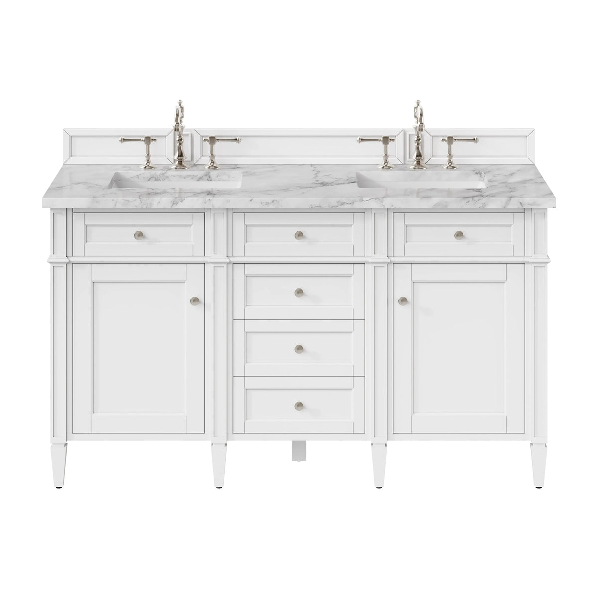 Brittany 60" Double Vanity, Bright White Vanity w/ 3 CM Carrara Marble Top