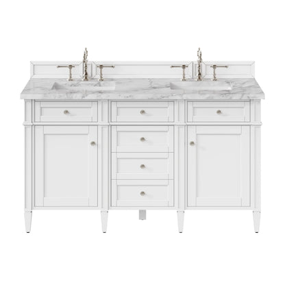 Brittany 60" Double Vanity, Bright White Vanity w/ 3 CM Carrara Marble Top