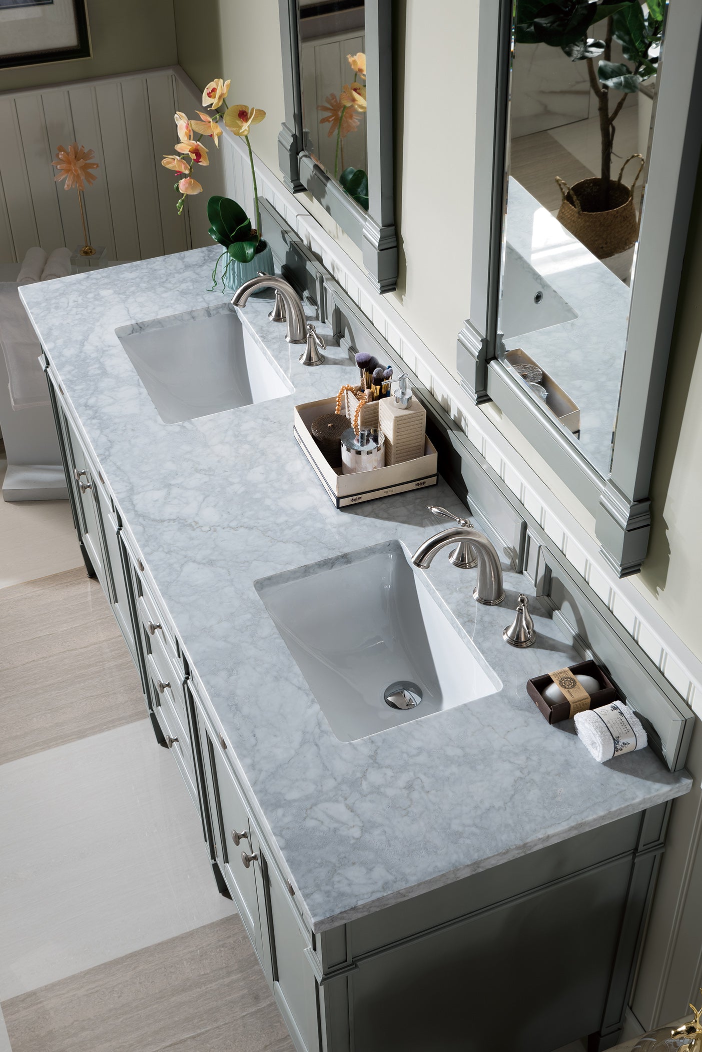 Renovate for Less Atlanta Brittany 72" Double Vanity, Urban Gray w/ 3 CM Carrara Marble Top