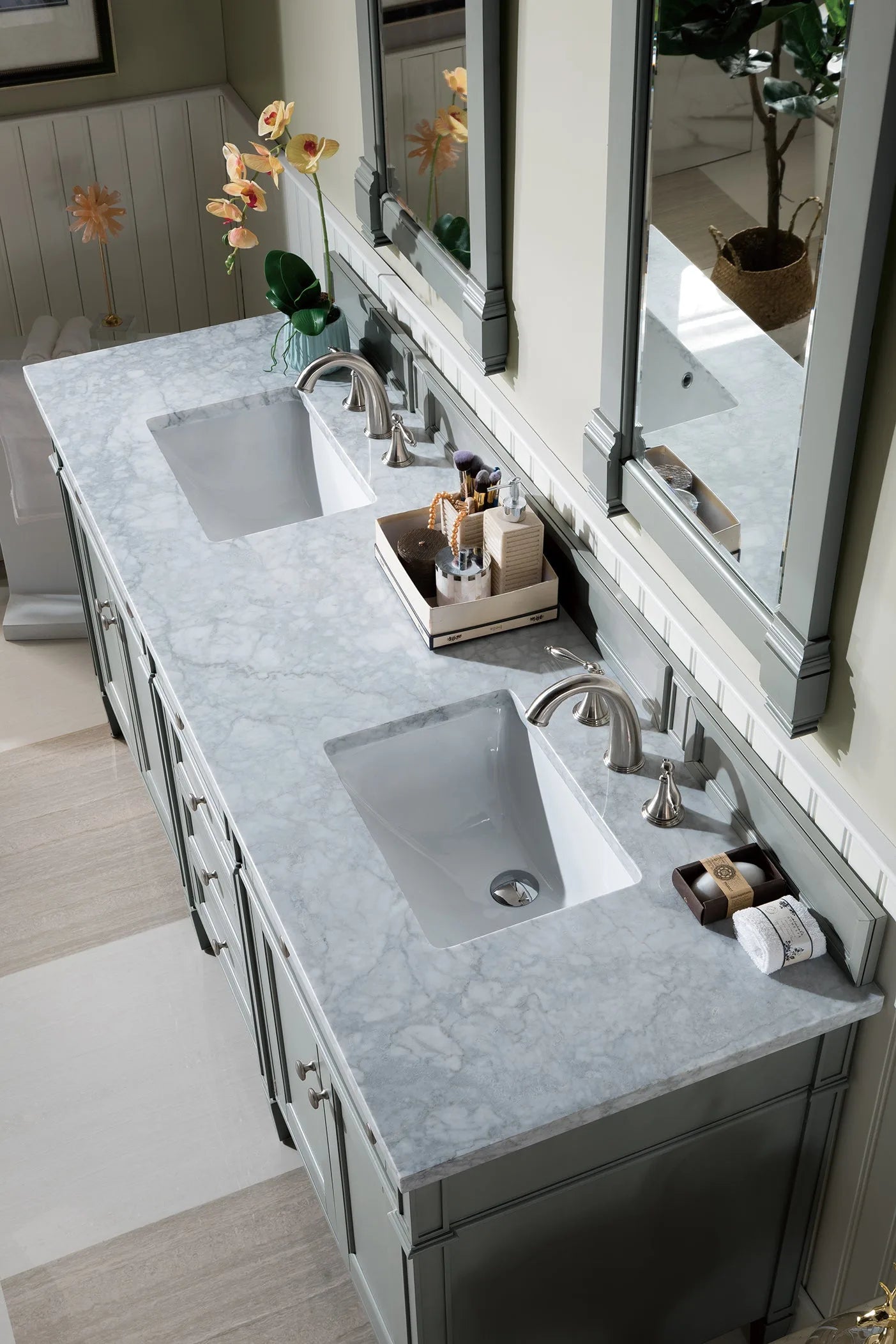 Brittany 72" Double Vanity, Urban Gray w/ 3 CM Carrara Marble Top