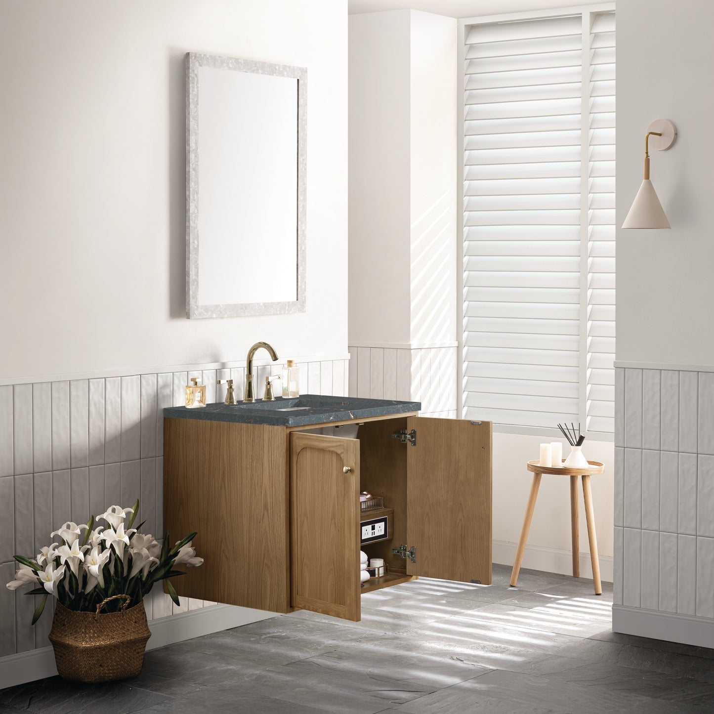 Renovate for Less Atlanta Laurent 30" Single Vanity, Light Natural Oak w/ 3 CM Parisien Bleu Top