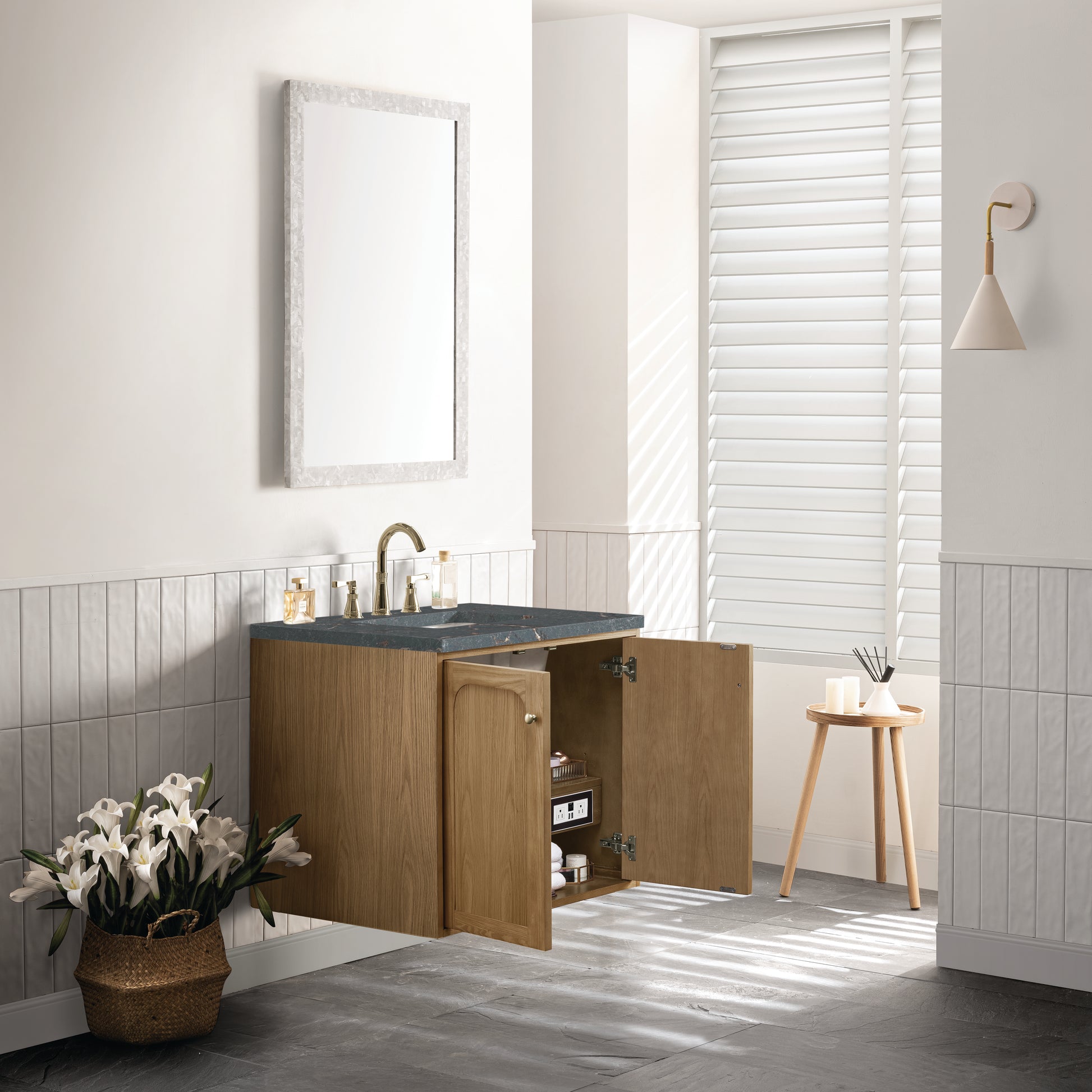 Renovate for Less Atlanta Laurent 30" Single Vanity, Light Natural Oak w/ 3 CM Parisien Bleu Top