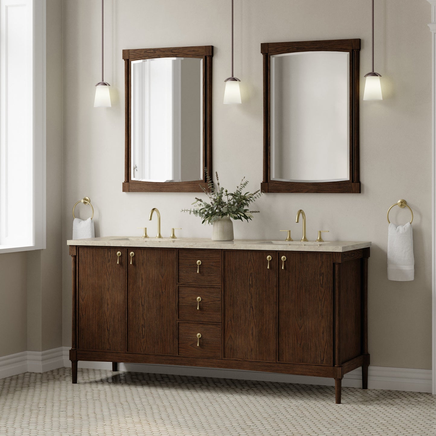 Renovate for Less Atlanta Kinnsden 72" Double Vanity, Sable Oak w/ 3 CM Tajnar Eclos Top
