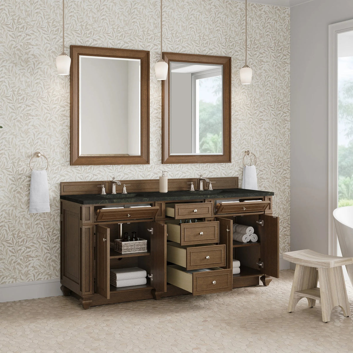 Bristol 72" Double Vanity, Saddle Brown, w/ 3 CM Phantome Eclos Top