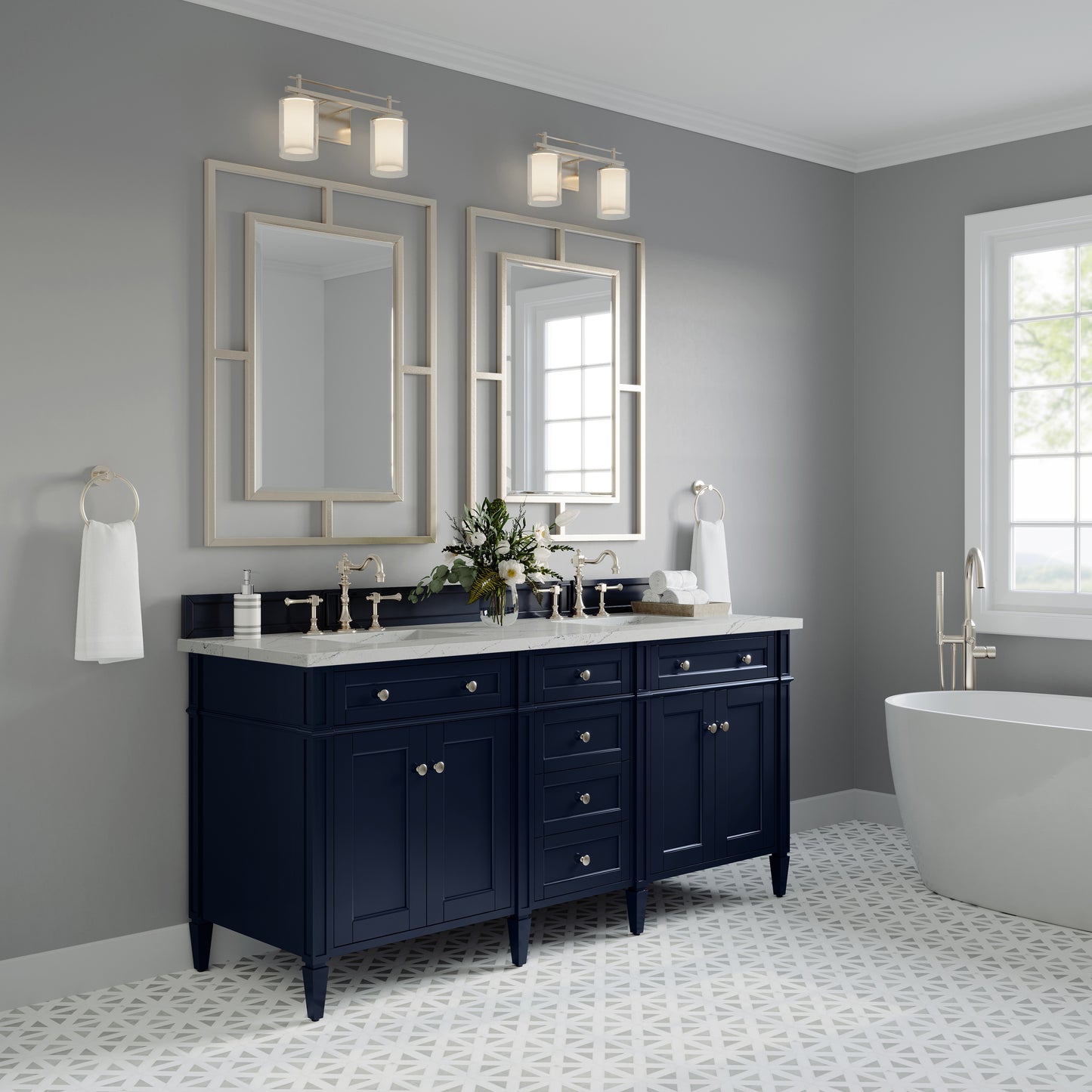 Renovate for Less Atlanta Brittany 72" Double Vanity, Victory Blue w/ 3 CM Ethereal Noctis Silestone Top
