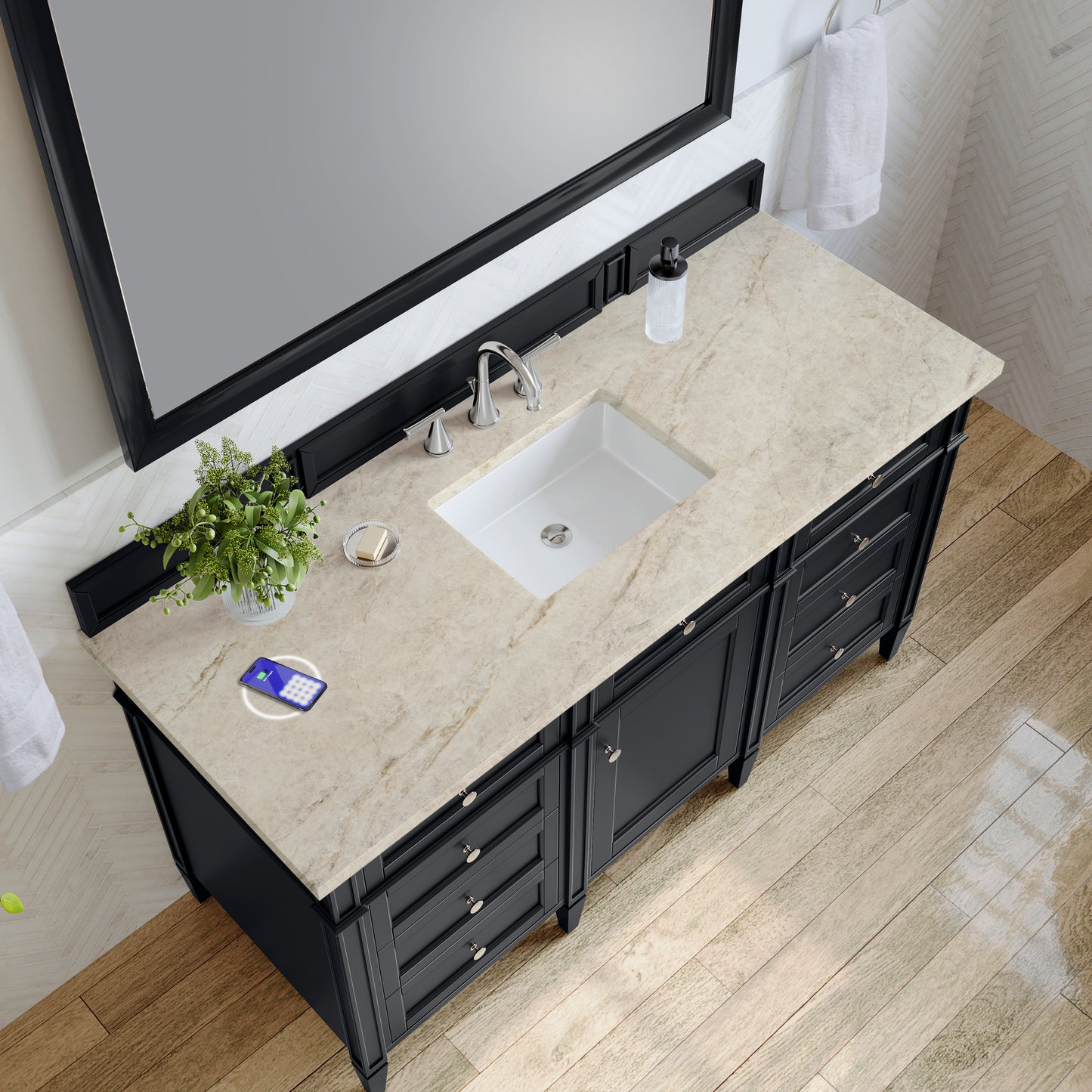 Renovate for Less Atlanta Brittany 60" Single Vanity, Black Onyx, w/ 3 CM Tajnar Eclos Top w/FreePower Wireless Charger