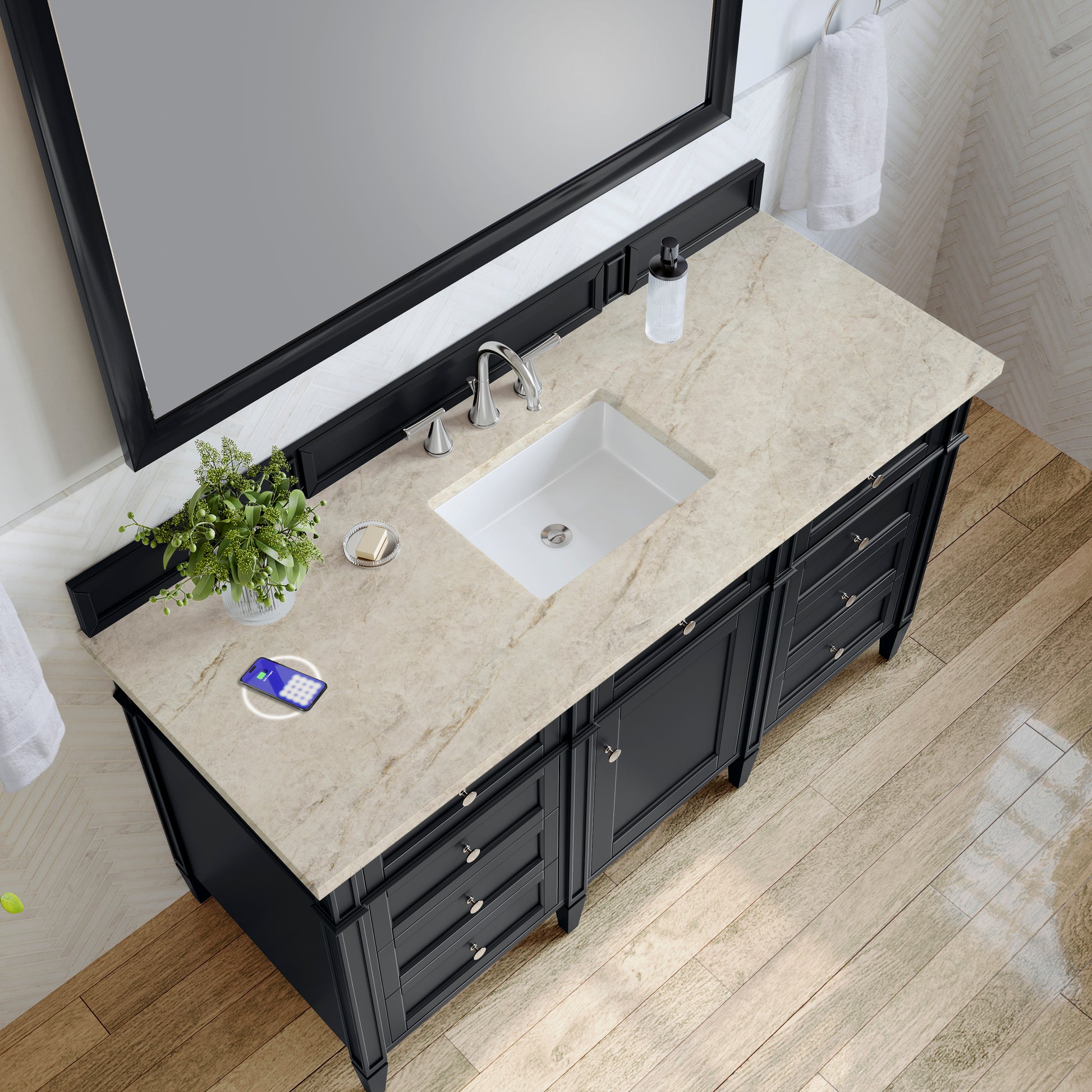 Renovate for Less Atlanta Brittany 60" Single Vanity, Black Onyx, w/ 3 CM Tajnar Eclos Top w/FreePower Wireless Charger
