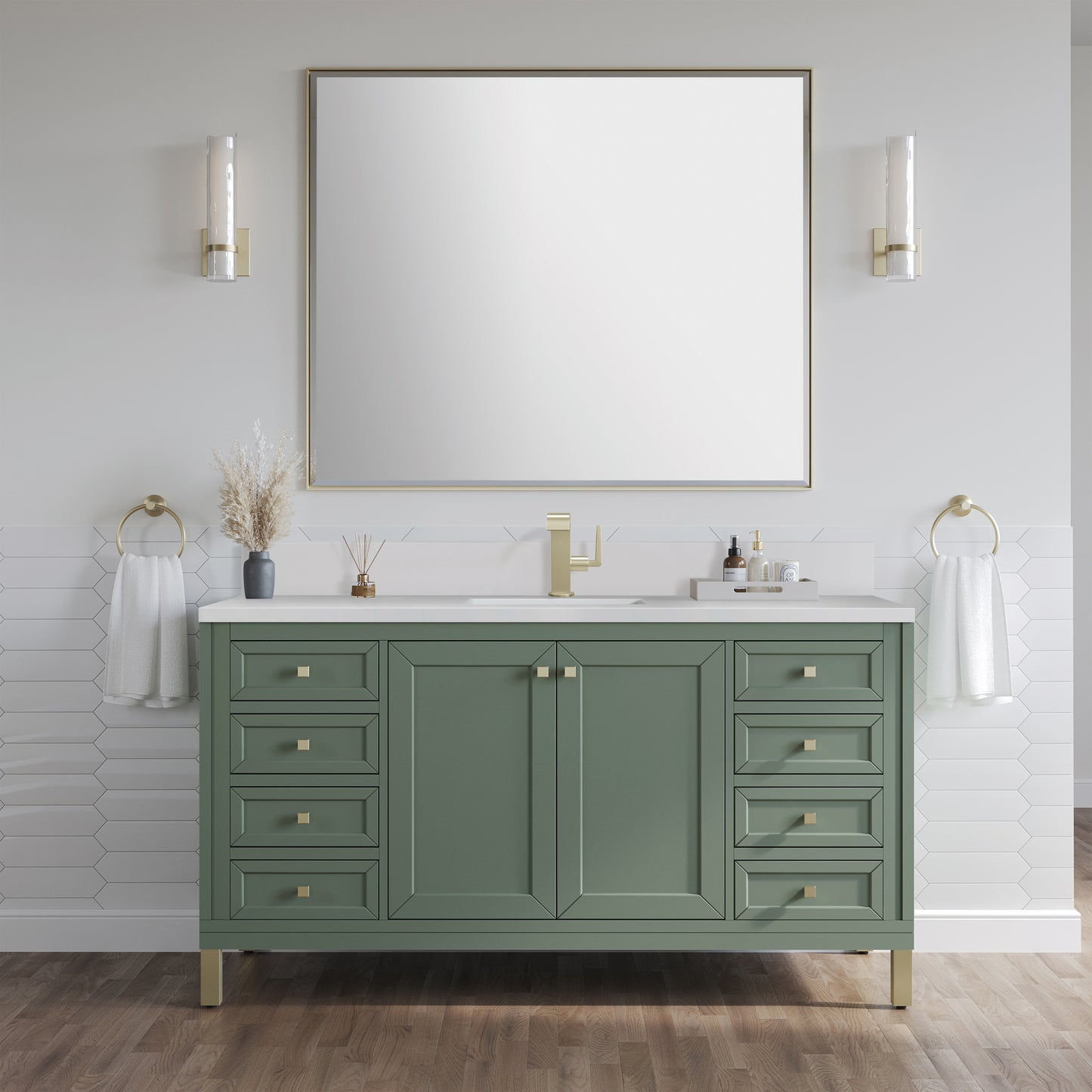 Renovate for Less Atlanta Chicago 60" Single Vanity, Smokey Celadon, w/ Single Hole 3CM White Zeus Silestone® Top & Backsplash