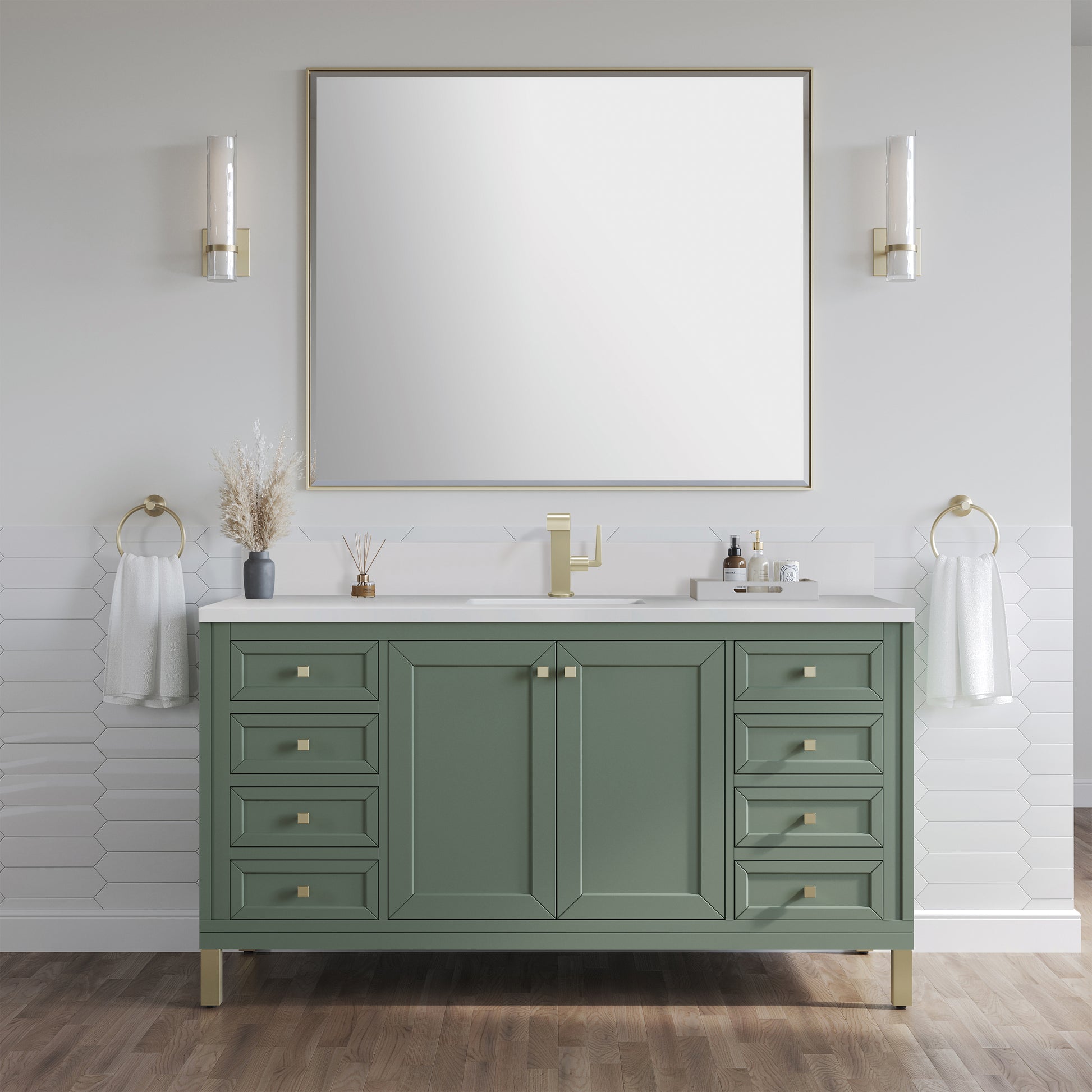 Renovate for Less Atlanta Chicago 60" Single Vanity, Smokey Celadon, w/ Single Hole 3CM White Zeus Silestone® Top & Backsplash