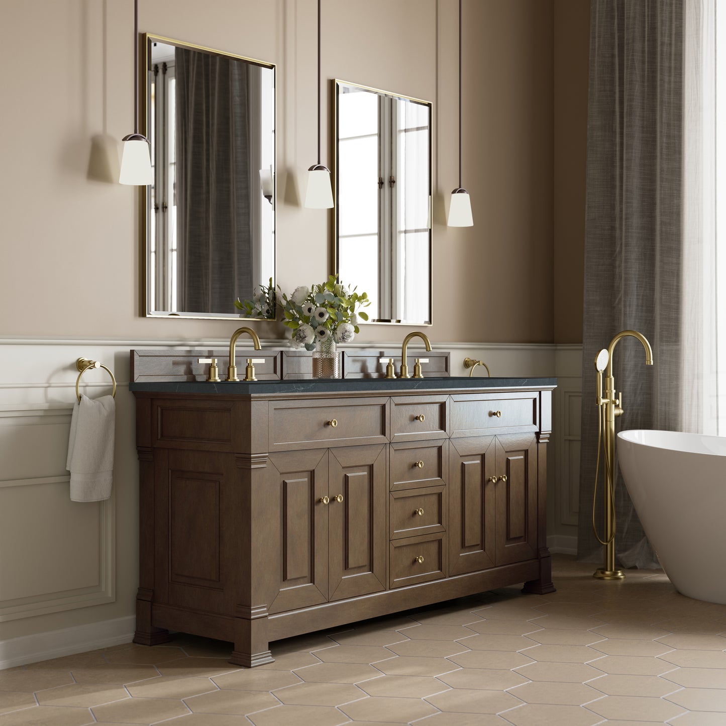 Renovate for Less Atlanta Brookfield 72" Double Vanity, Pecan, w/ 3 CM Charcoal Soapstone Silestone Top