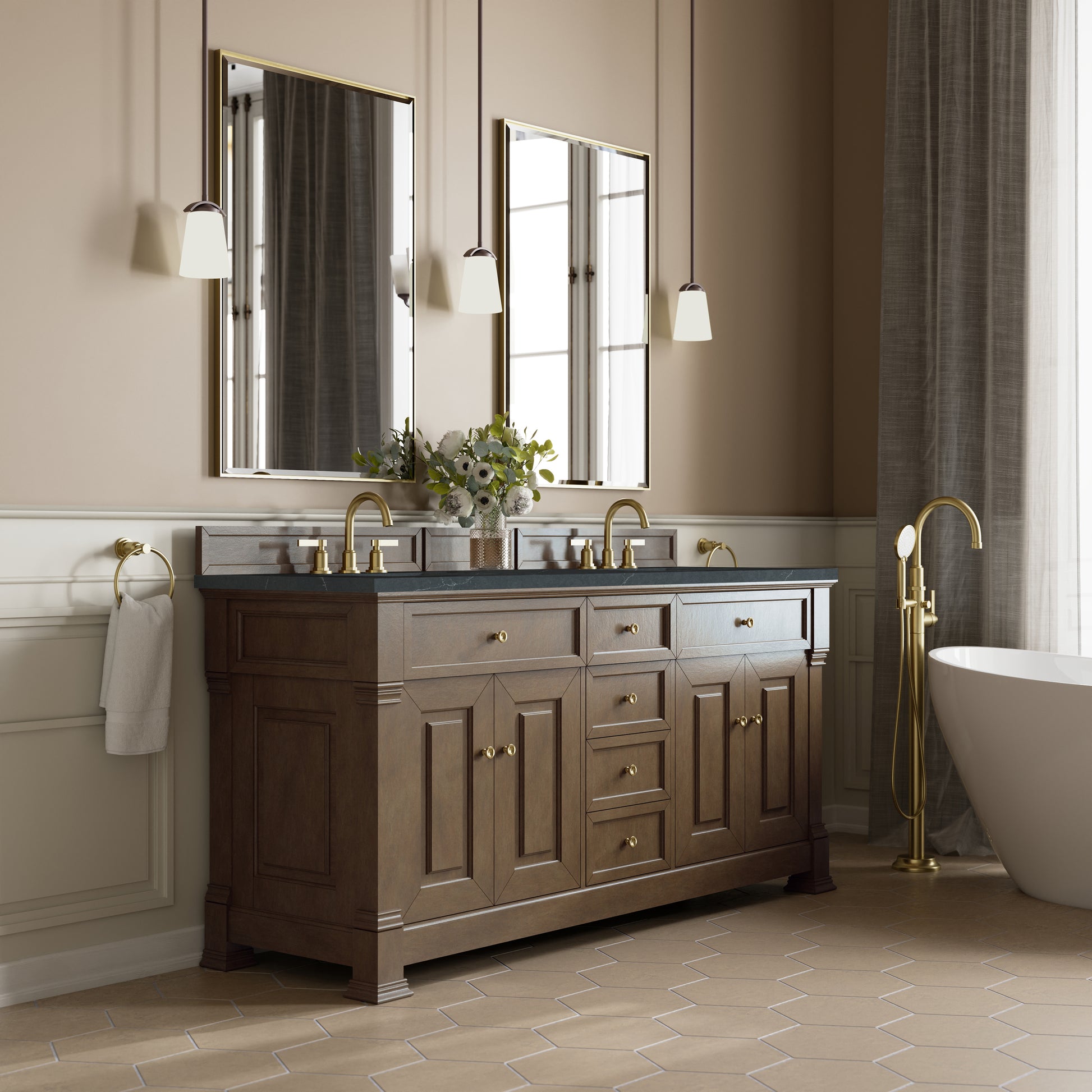 Renovate for Less Atlanta Brookfield 72" Double Vanity, Pecan, w/ 3 CM Charcoal Soapstone Silestone Top