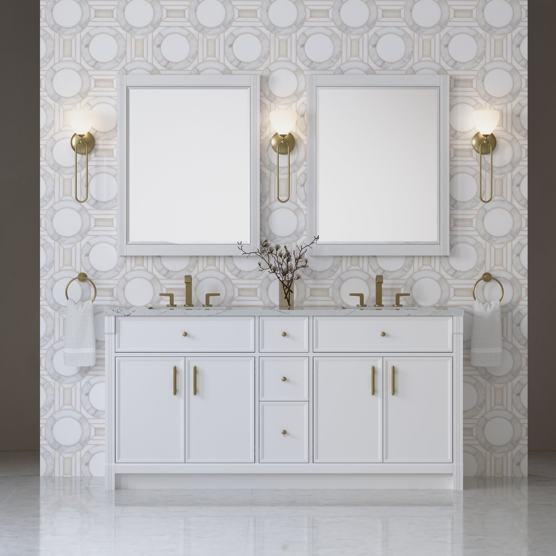 Renovate for Less Atlanta Bellshire 72" Double Vanity, Bright White w/ 3 CM Ethereal Noctis Silestone Top w/FreePower Wireless Charger