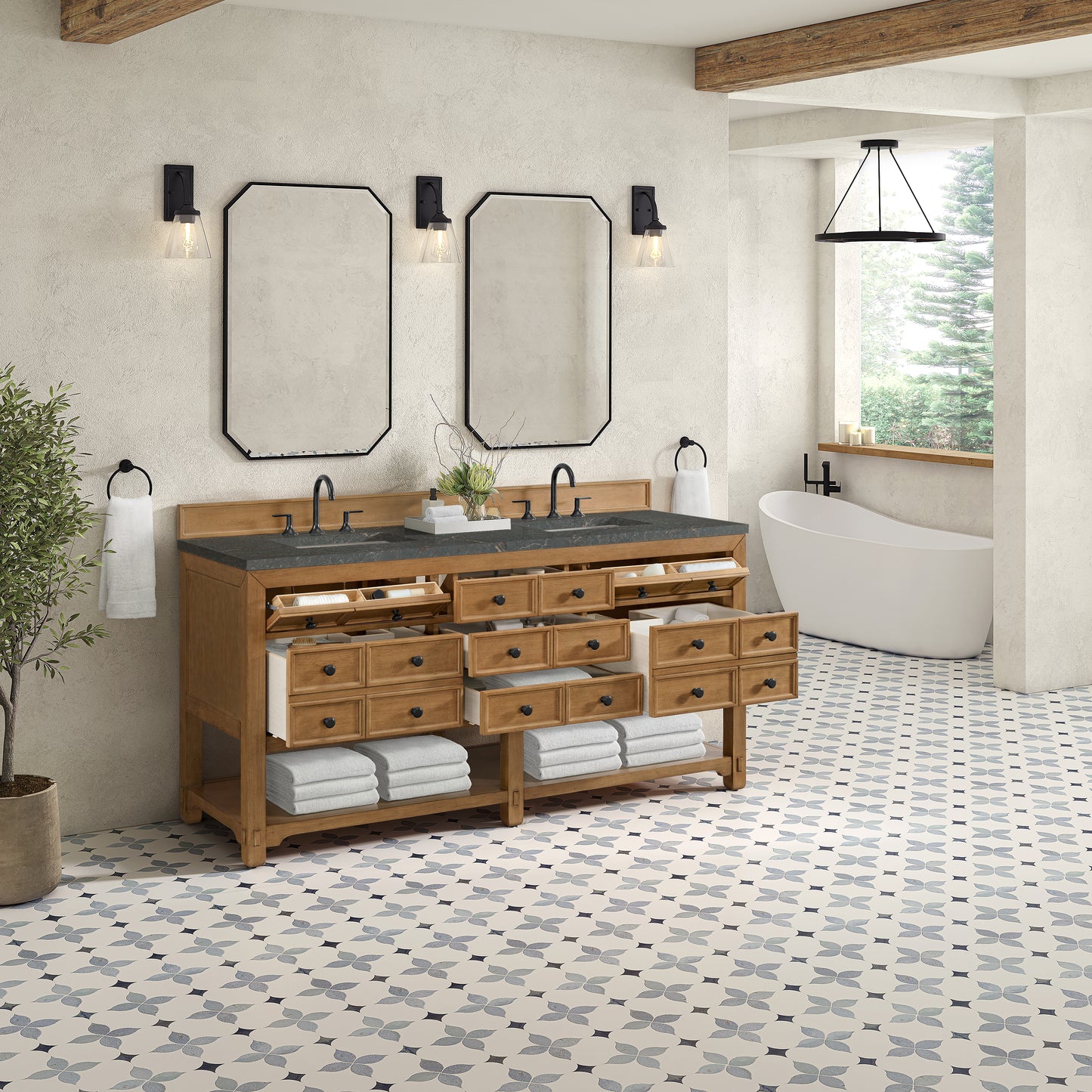 Renovate for Less Atlanta Malibu 72" Double Vanity, Amber Birch w/ 3 CM Parisien Bleu Top
