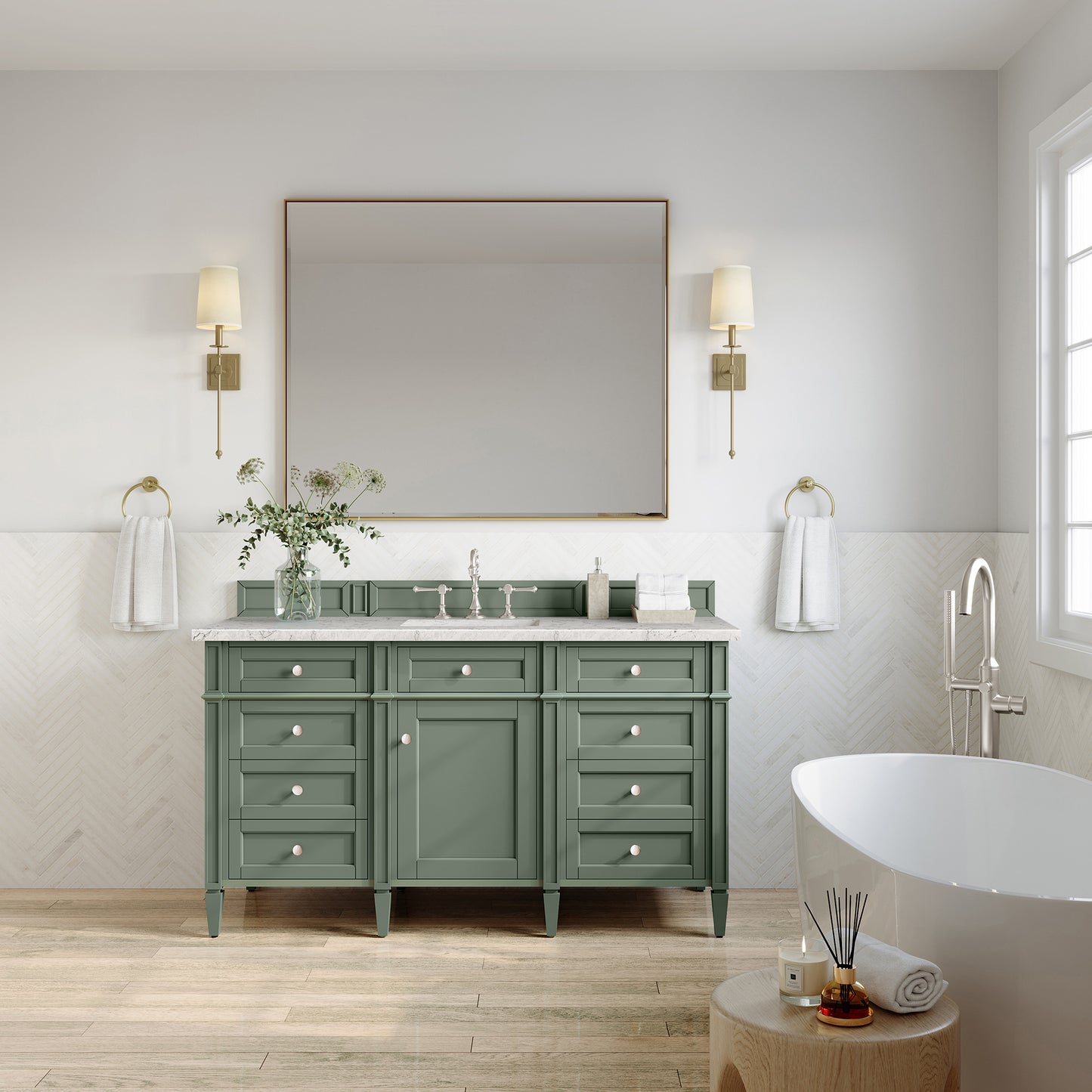 Renovate for Less Atlanta Brittany 60" Single Vanity, Smokey Celadon w/ 3 CM Eternal Jasmine Pearl Top w/FreePower Wireless Charger