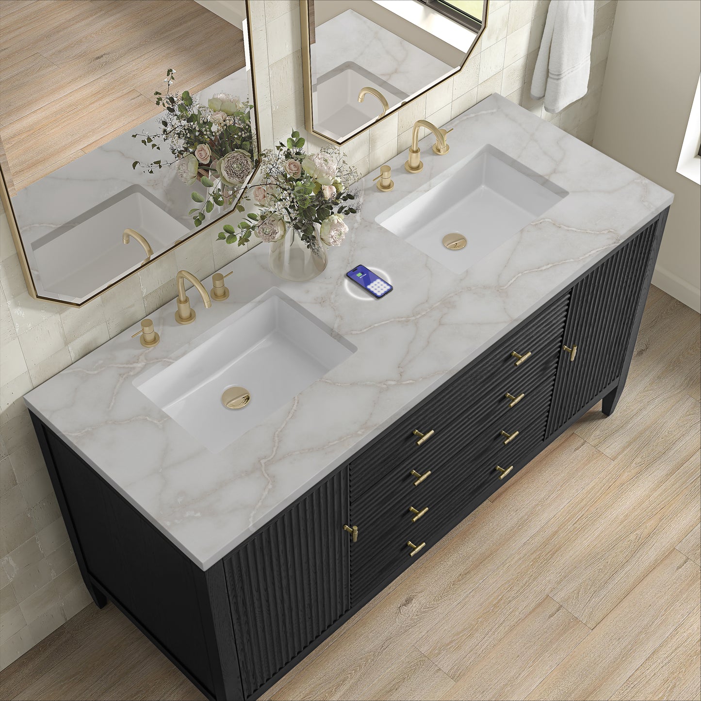 Renovate for Less Atlanta Myrrin 60" Double Vanity, Carbon Oak w/ 3 CM Victorian Silver Silestone Top w/FreePower Wireless Charger
