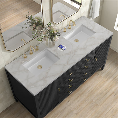 Renovate for Less Atlanta Myrrin 60" Double Vanity, Carbon Oak w/ 3 CM Victorian Silver Silestone Top w/FreePower Wireless Charger