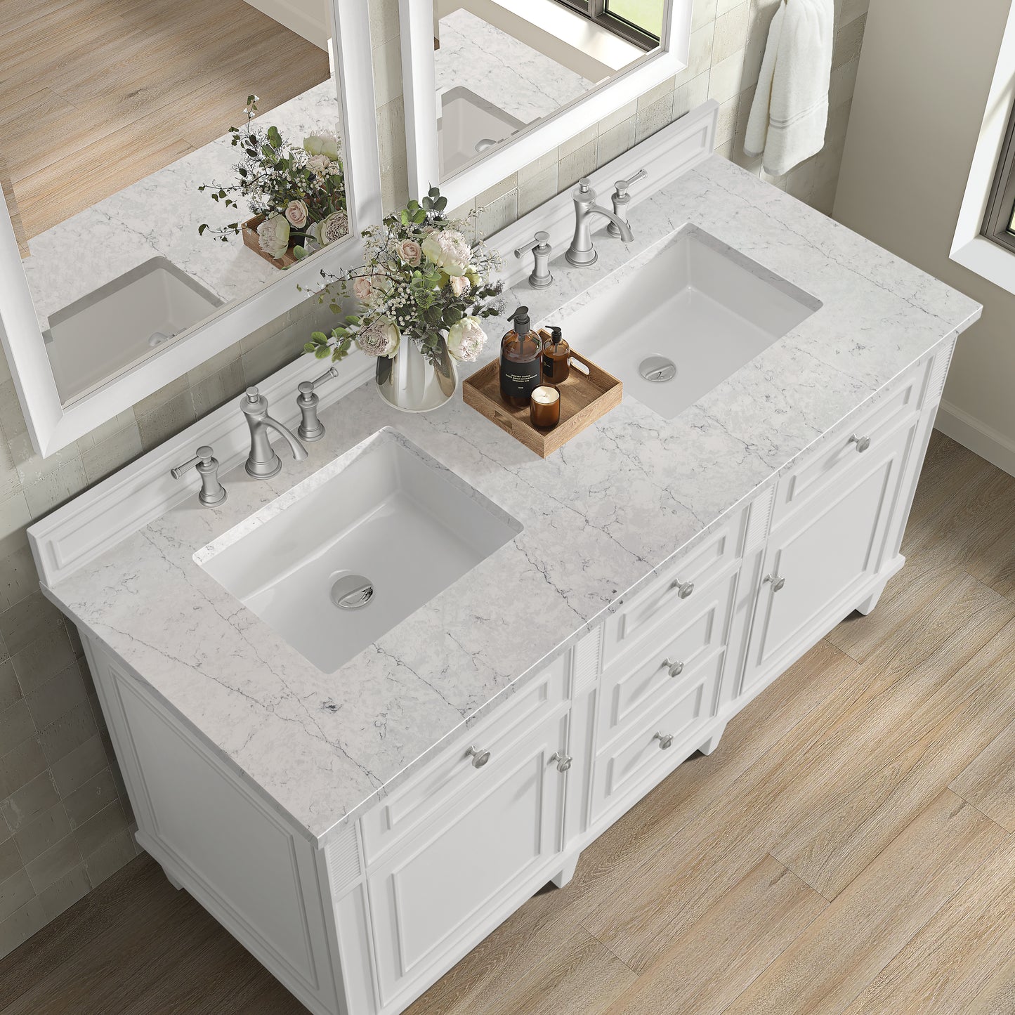 Renovate for Less Atlanta Lorelai 60" Double Vanity, Bright White w/ 3 CM Eternal Jasmine Pearl Silestone Top