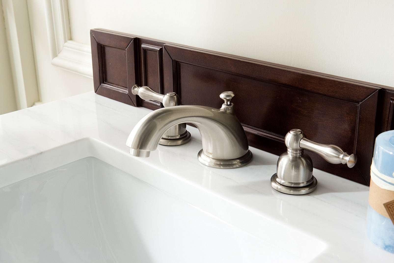 Renovate for Less Atlanta Brittany 30" Single Vanity, Burnished Mahogany w/ 3 CM Carrara Marble Top