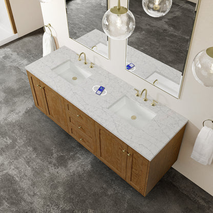 Renovate for Less Atlanta Laurent 72" Double Vanity, Honey Oak w/ 3 CM Eternal Jasmine Pearl Silestone Top w/FreePower Wireless Charger