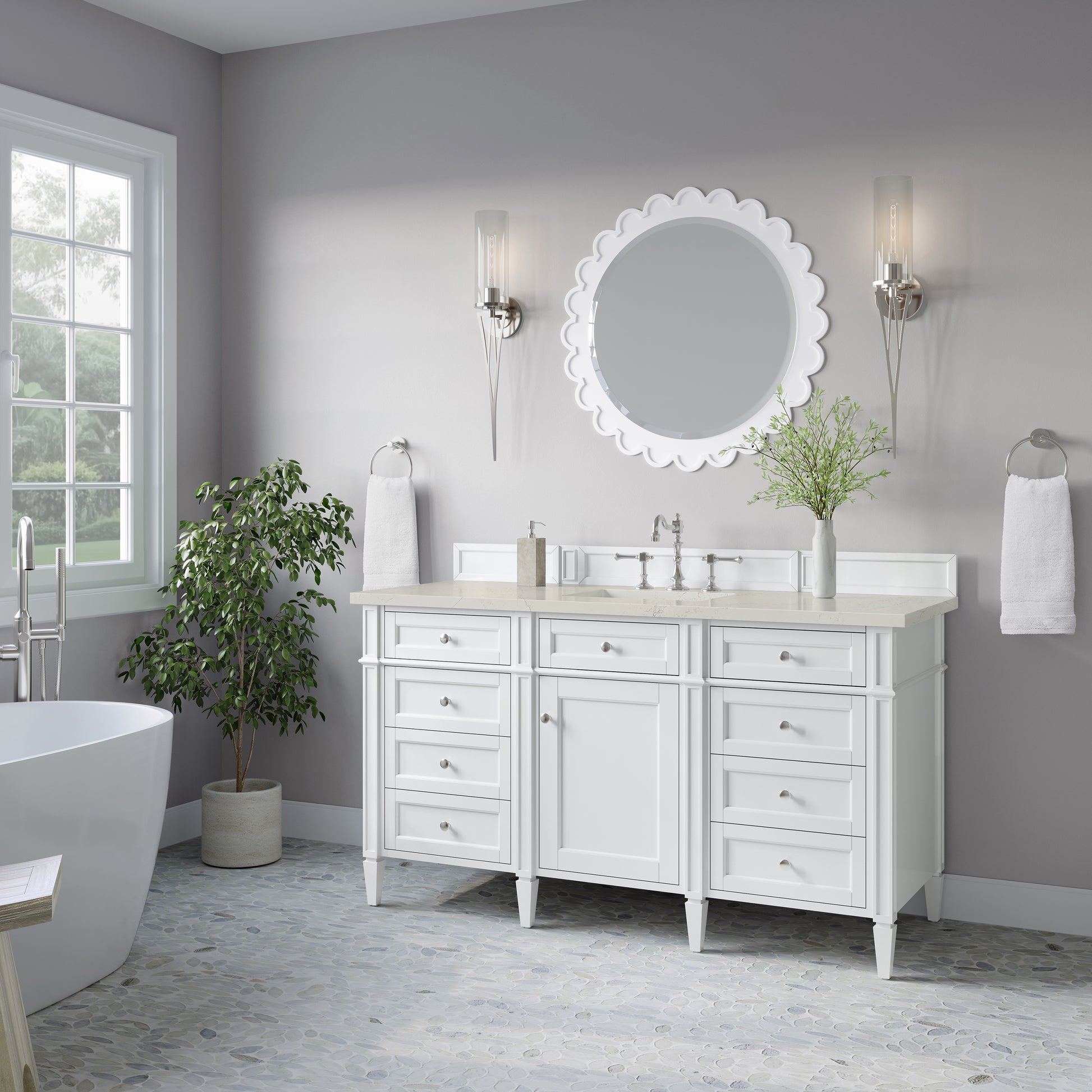 Renovate for Less Atlanta Brittany 60" Single Vanity in Bright White, w/ 3 CM Siberian Silestone Top w/FreePower Wireless Charger