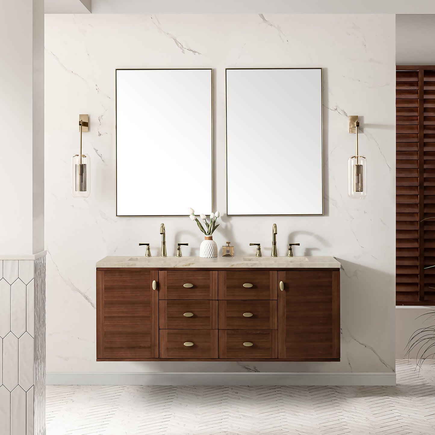 Renovate for Less Atlanta Amberly 60" Double Vanity, Mid-Century Walnut, w/ 3 CM Tajnar Eclos Top w/FreePower Wireless Charger