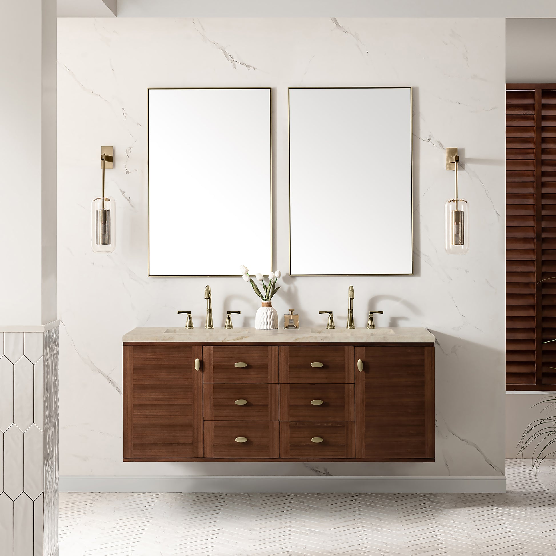 Renovate for Less Atlanta Amberly 60" Double Vanity, Mid-Century Walnut, w/ 3 CM Tajnar Eclos Top w/FreePower Wireless Charger