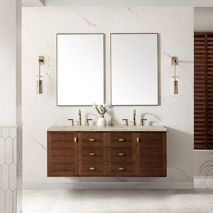 Renovate for Less Atlanta Amberly 60" Double Vanity, Mid-Century Walnut, w/ 3 CM Tajnar Eclos Top w/FreePower Wireless Charger