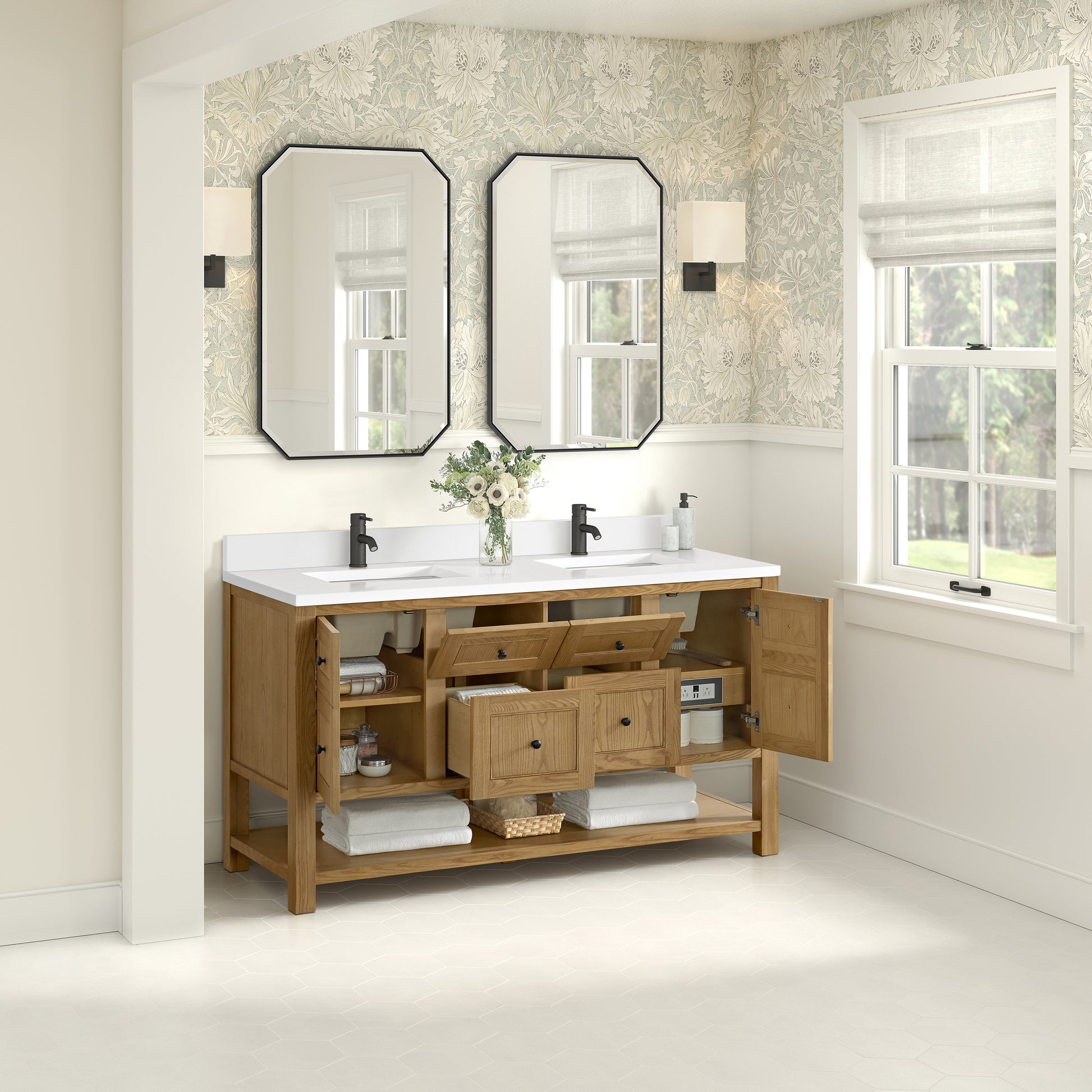 Renovate for Less Atlanta Breckenridge 60" Double Vanity, Light Natural Oak, w/ Single Hole 3 CM White Zeus Quartz Top & Backsplash
