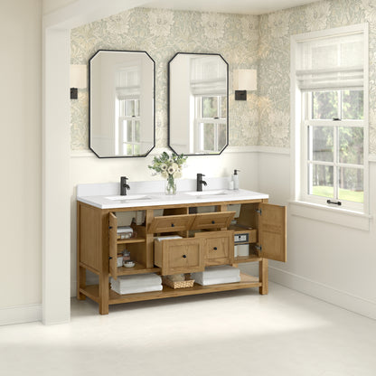 Renovate for Less Atlanta Breckenridge 60" Double Vanity, Light Natural Oak, w/ Single Hole 3 CM White Zeus Quartz Top & Backsplash