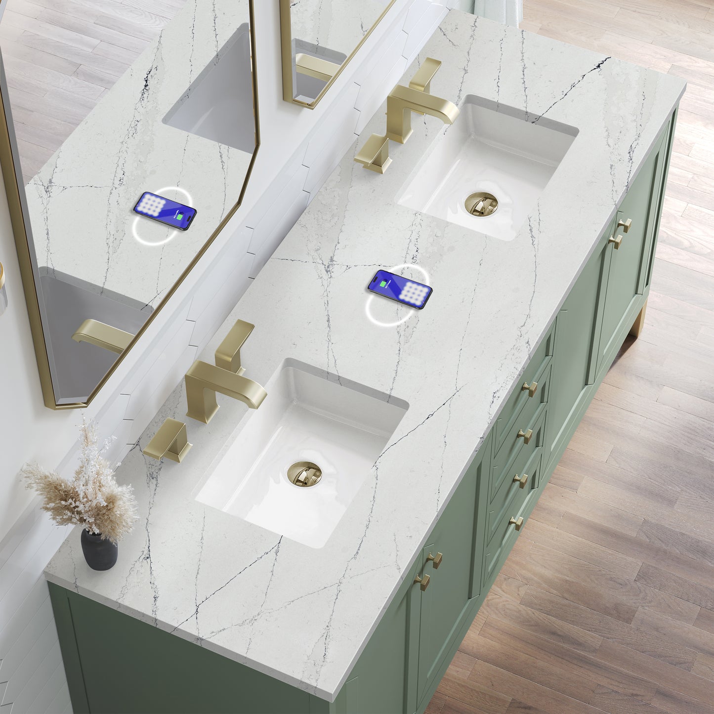 Renovate for Less Atlanta Chicago 72" Double Vanity, Smokey Celadon, w/ 3 CM Ethereal Noctis Silestone Top w/ FreePower Wireless Charger