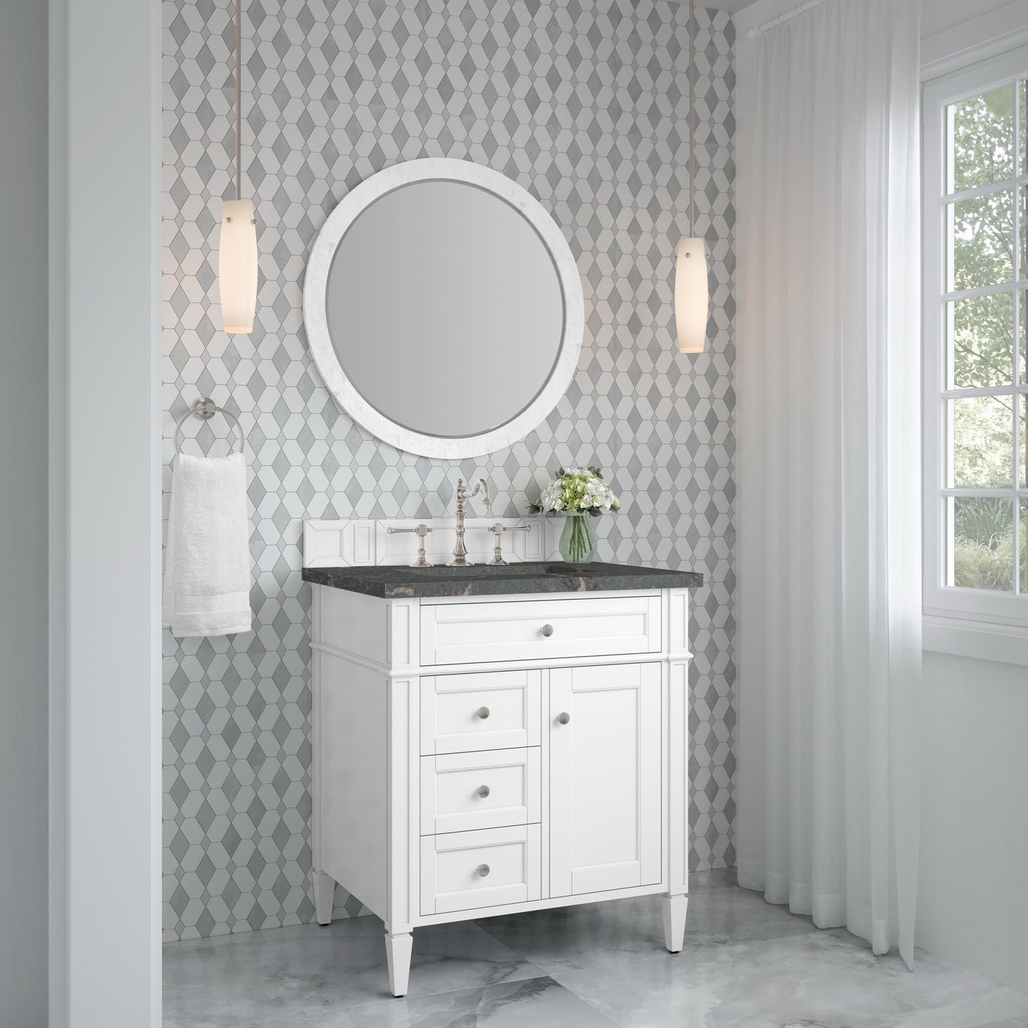 Renovate for Less Atlanta Brittany 30" Single Vanity, Bright White, w/ 3 CM Parisien Bleu Silestone Top