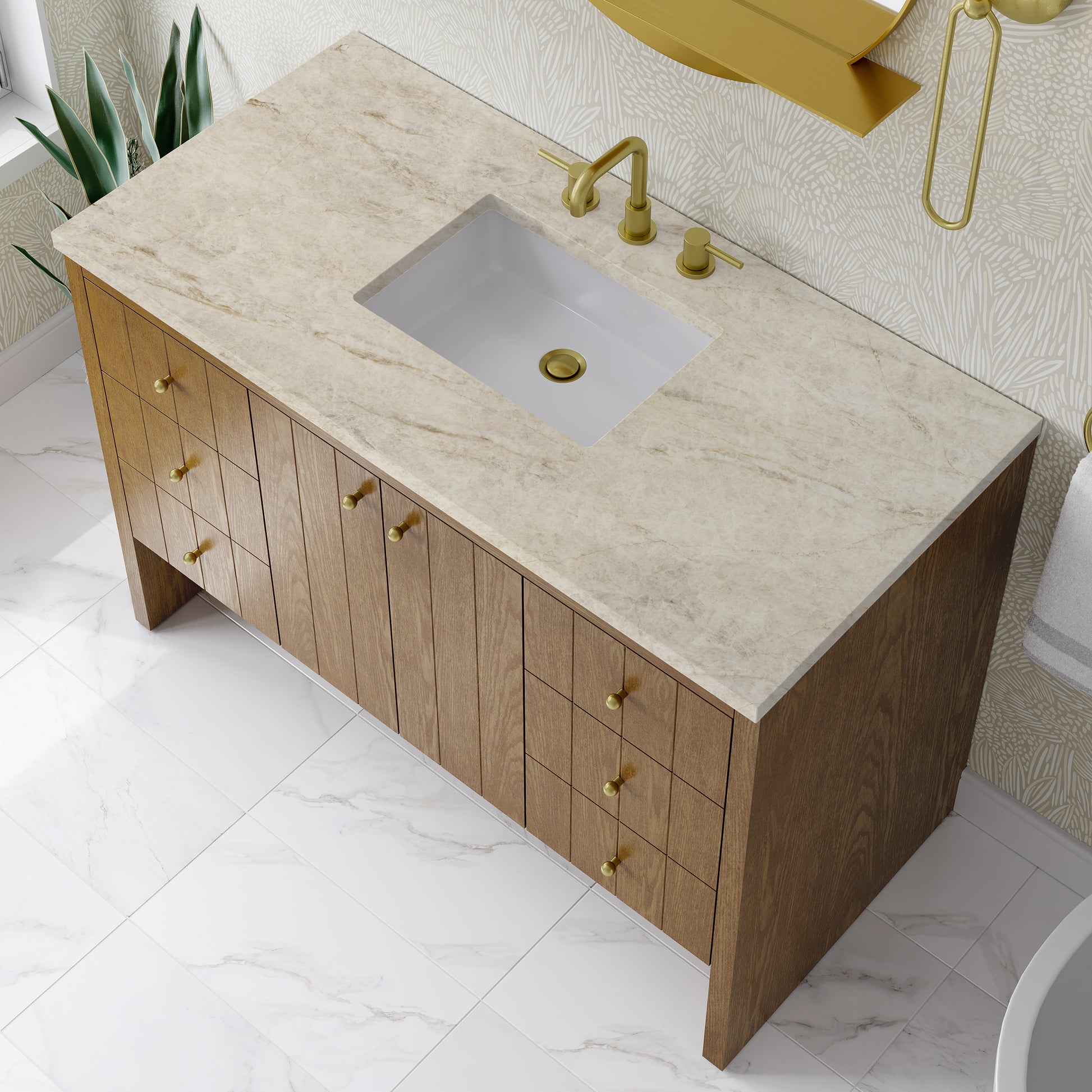 Renovate for Less Atlanta Hudson 48" Single Vanity, Honey Oak w/ 3 CM Tajnar Eclos Top
