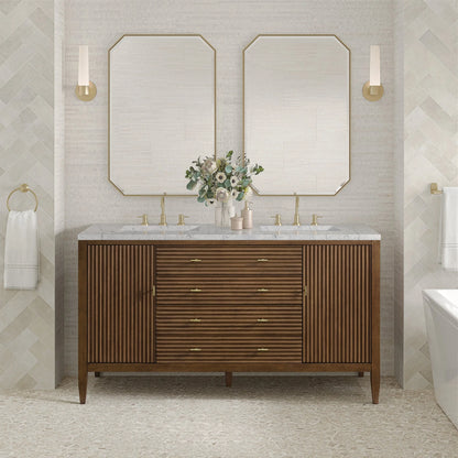 Myrrin 60" Double Vanity, Mid Century Walnut w/ 3 CM Eternal Jasmine Pearl Silestone Top w/FreePower Wireless Charger
