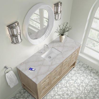 Renovate for Less Atlanta Breckenridge 60" Single Vanity, Whitewashed Oak, w/ 3 CM Victorian Silver Silestone Top w/ FreePower Wireless Charger