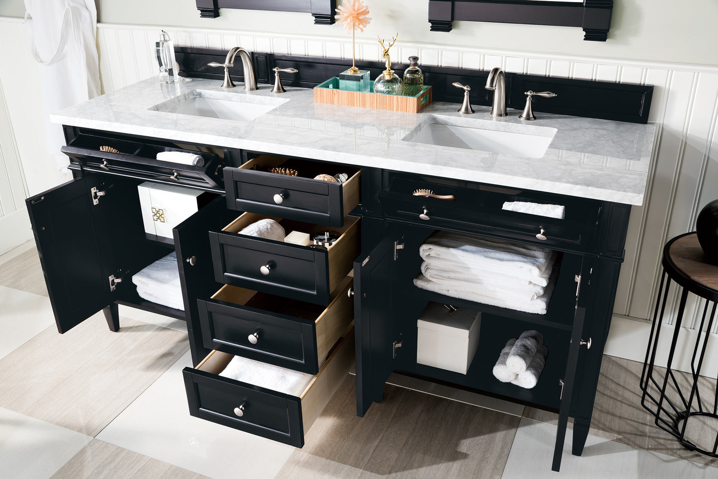 Renovate for Less Atlanta Brittany 72" Double Vanity, Black Onyx w/ 3 CM Carrara Marble Top