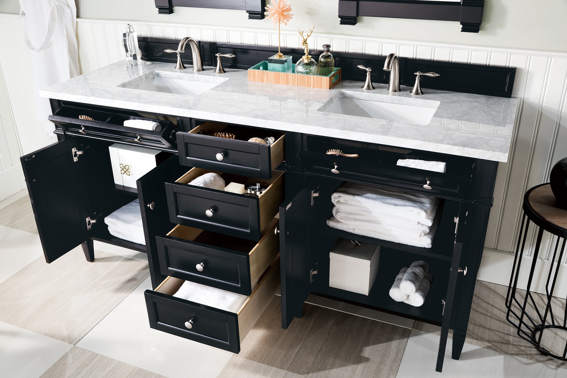 Renovate for Less Atlanta Brittany 72" Double Vanity, Black Onyx w/ 3 CM Carrara Marble Top