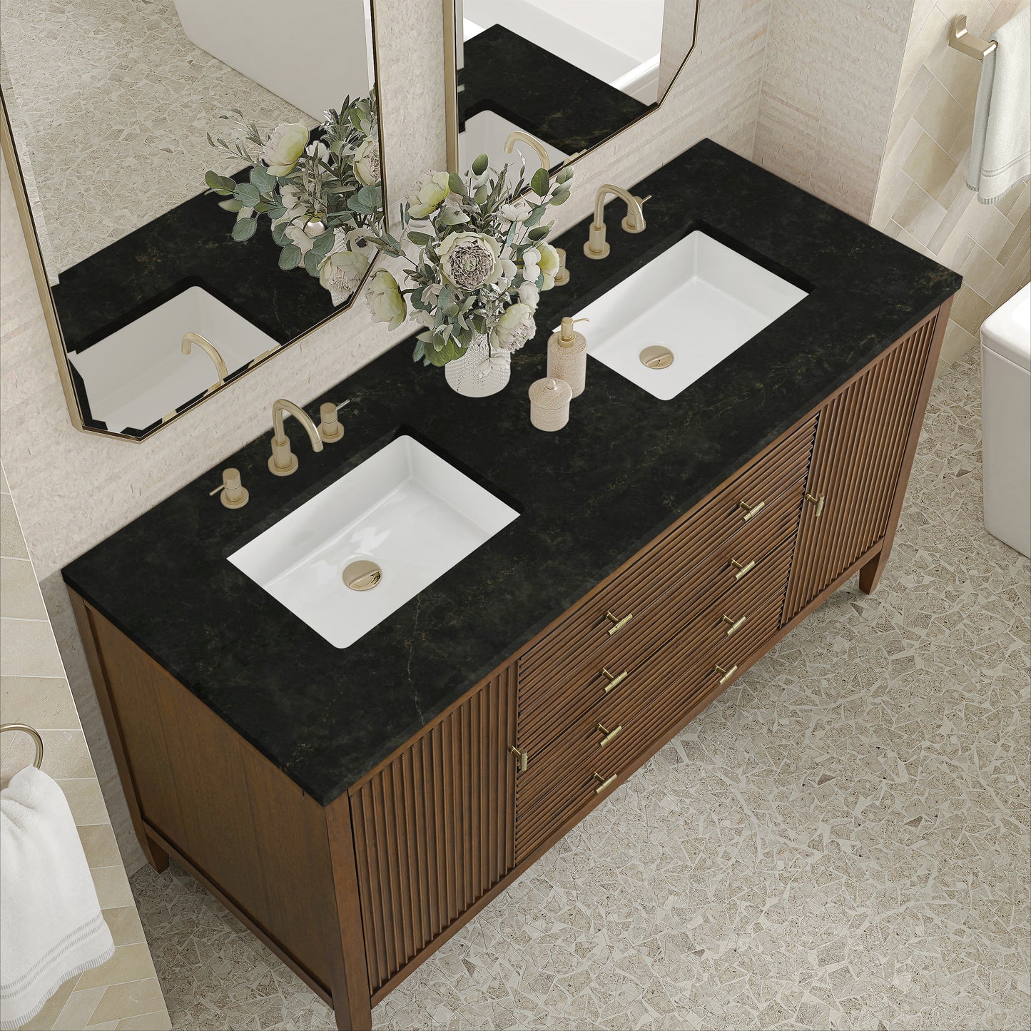 Renovate for Less Atlanta Myrrin 60" Double Vanity, Mid Century Walnut, w/ 3 CM Phantome Eclos Top