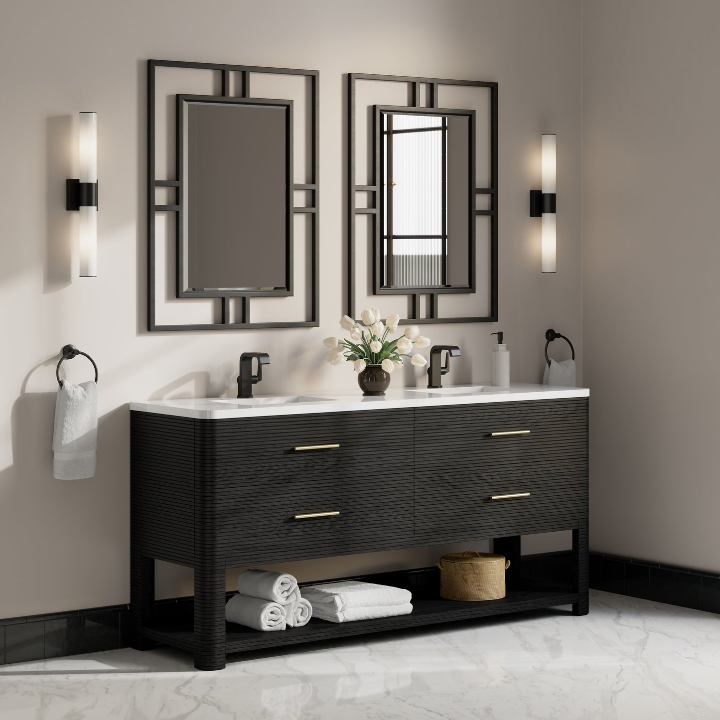 Renovate for Less Atlanta Lucian 72" Double Vanity, Carbon Oak w/ 3 CM White Zeus Silestone Top