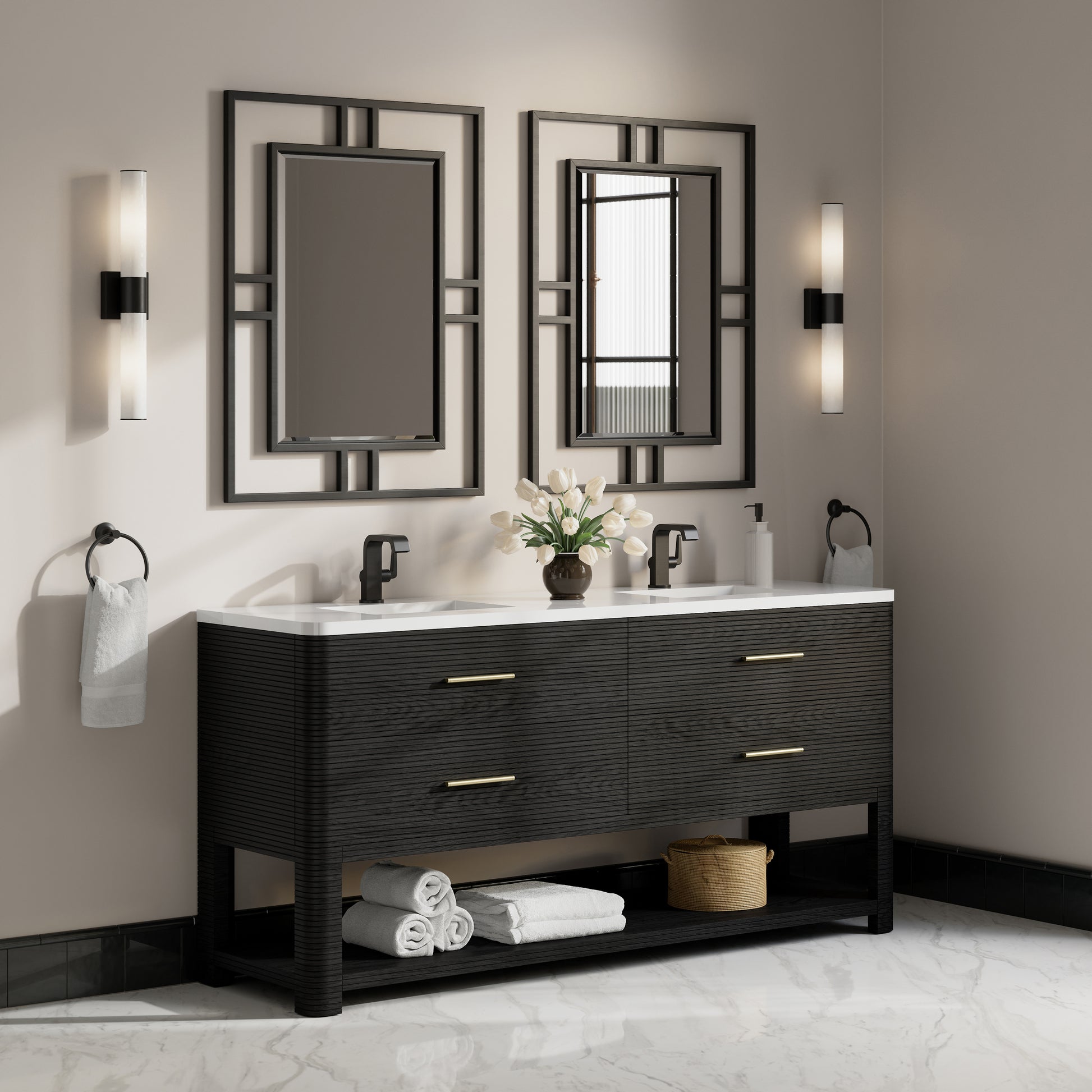 Renovate for Less Atlanta Lucian 72" Double Vanity, Carbon Oak w/ 3 CM White Zeus Silestone Top