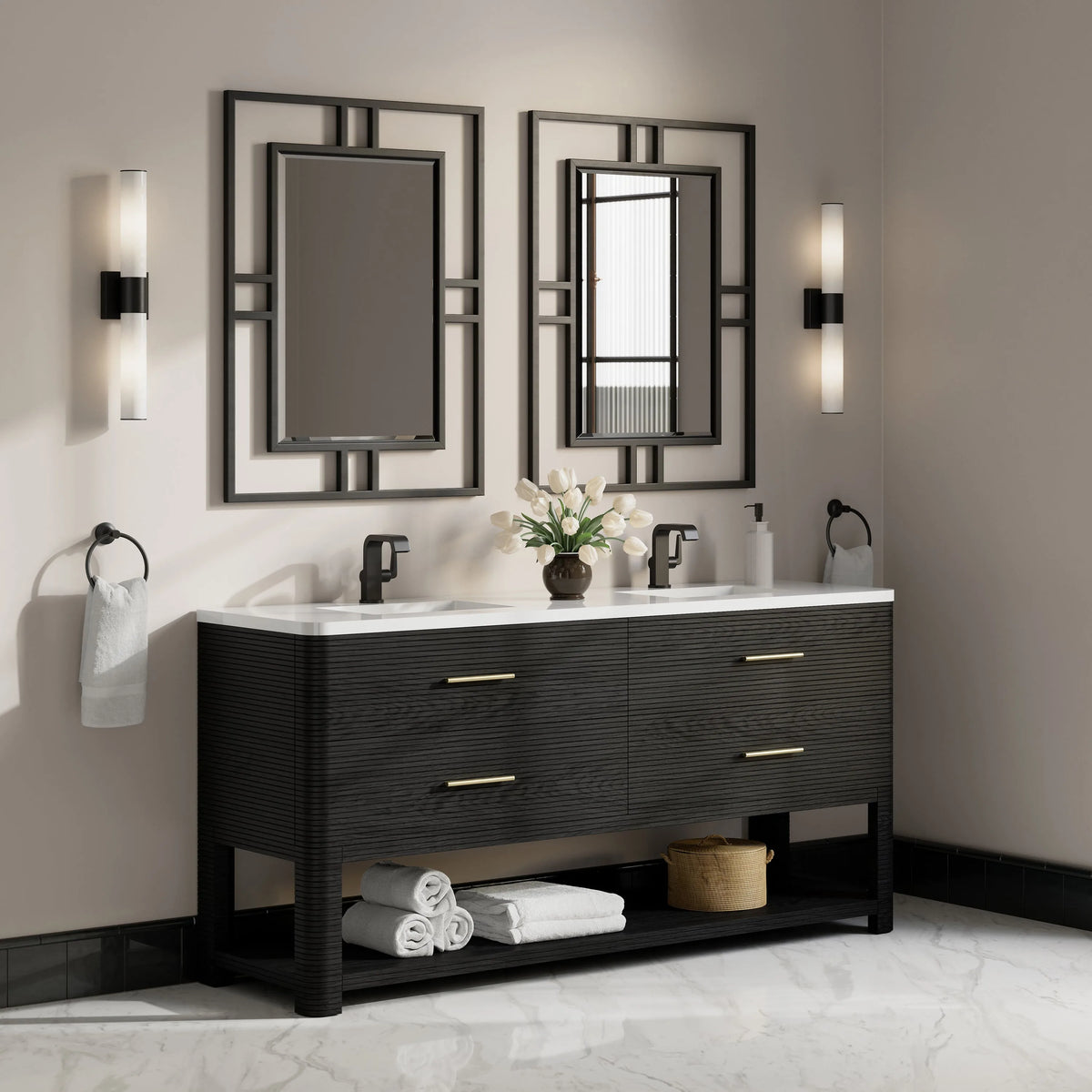 Lucian 72" Double Vanity, Carbon Oak w/ 3 CM White Zeus Silestone Top