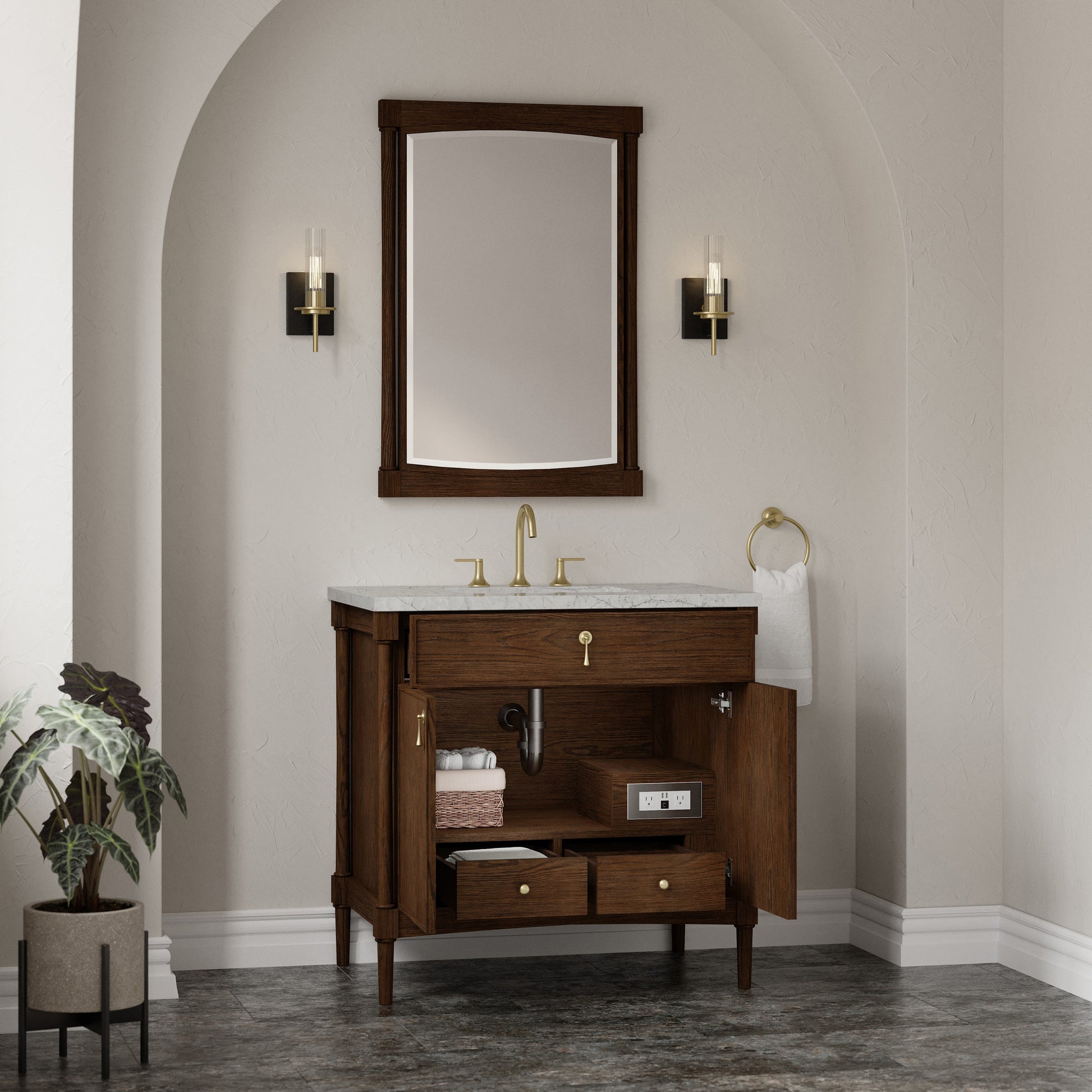 Renovate for Less Atlanta Kinnsden 36" Single Vanity, Sable Oak w/ 3 CM Eternal Jasmine Pearl Silestone Top