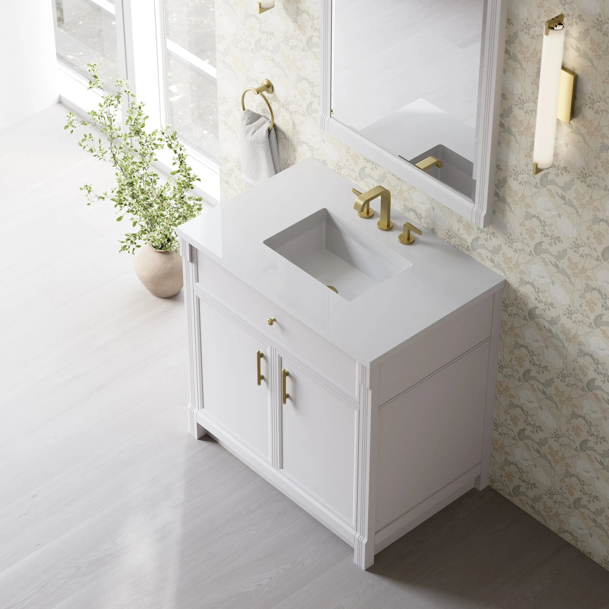 Bellshire 36" Single Vanity, Bright White w/ 3 CM White Zeus Silestone Top