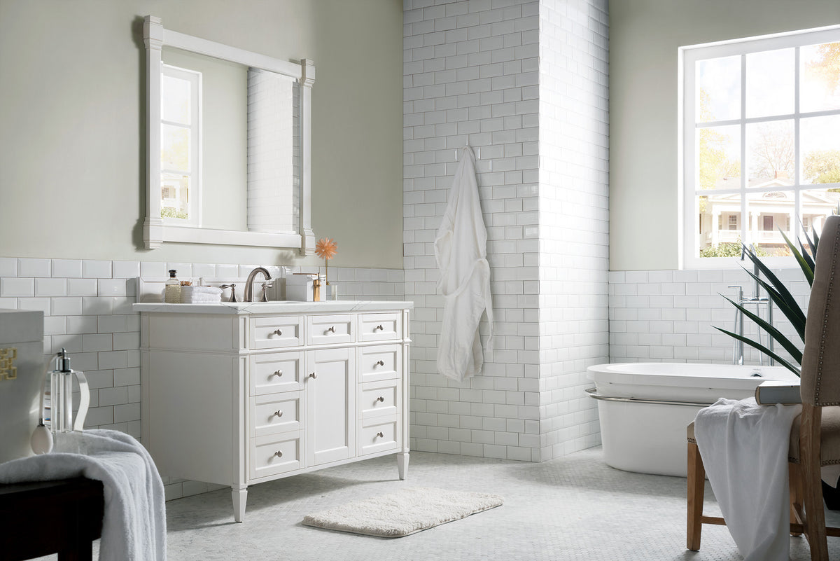 Brittany 48" Single Vanity, Bright White w/ 3 CM Ethereal Noctis Silestone Top w/FreePower Wireless Charger